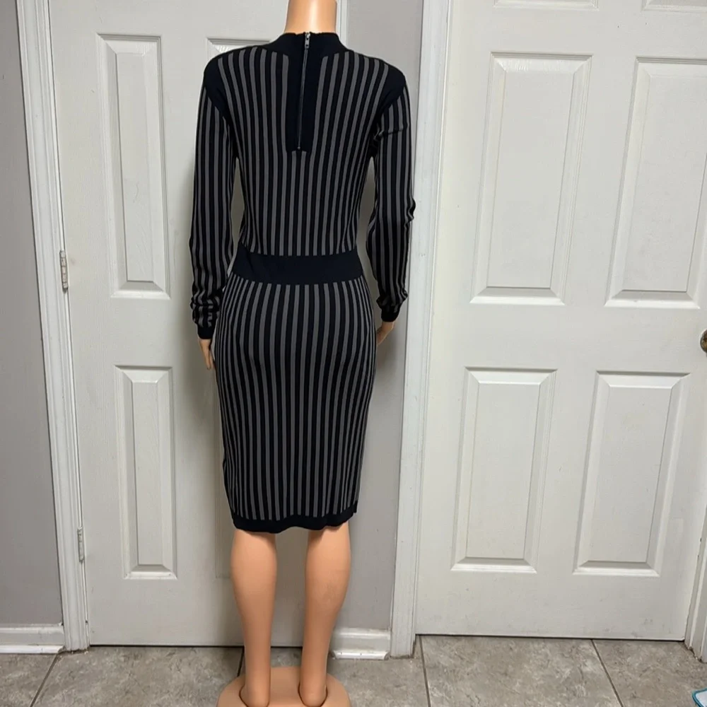 Y.A.S. Long Sleeve, Ribbed Knit Dress with Black and Grey Eegant Striped Dress - Picture 3 of 16
